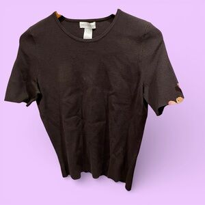 Cute vintage 90s-Y2K chocolate ribbed silk blend short sleeve sweater